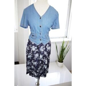 Vintage Betsy's Things Denim Bodice Floral Skirt Dress Size 8P | Cottagecore